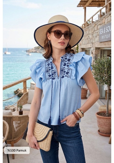 Lela Pamuklu Regular Fit Nakış Işlemeli Bayan Bluz 611Bz0253 Mavi