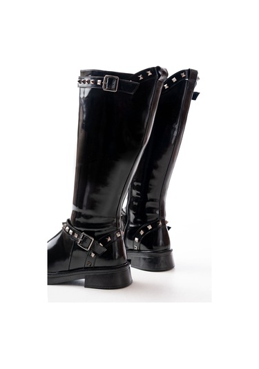 02-307 Siyah Rugan Düz Topuklu Günlük Bayan Binici Çizme Siyah