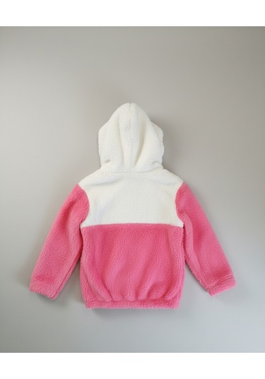 Kuromi Nakışlı Çift Renk Pelüş Kapüşonlu Kız Çocuk Hırka Koyu Pembe