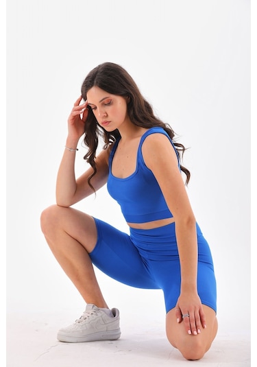 Kallima Mavi Toparlayıcı Esnek Fitilli Spor Crop-biker Tayt Takım