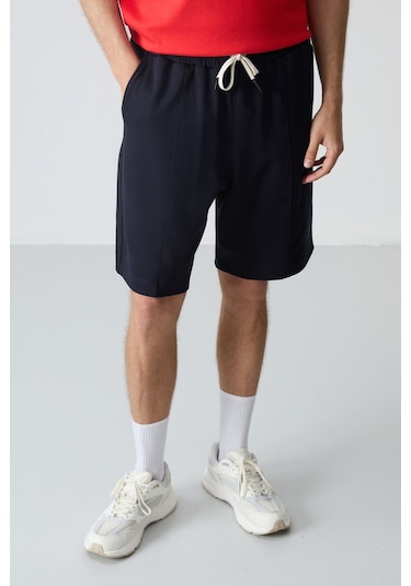 Fiesta - Lacivert Pamuklu Kalın Yumuşak Dokulu Oversize Fit Basic Erkek Şort Takım - 85259 Kırmızı