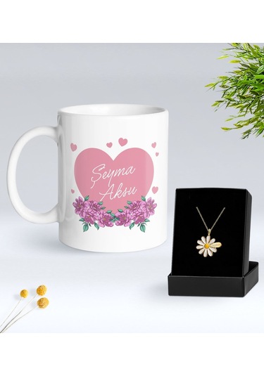 Bk Gift Kişiye Özel İsimli Çiçek Tasarımlı Beyaz Kupa Ve Papatya Kolye Hediye Seti - 20, Sevgiliye Hediye, Anneye Hediye, Arkadaşa Hediye Kobitmeyenco