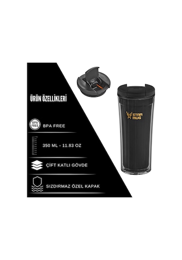 Star Termos Star Mug 350 Ml Opak Seri - Siyah Çift Katmanlı Mug - Piknik Kamp Outdoor Ofis Otel Kafe Okul Kampüs Siyah