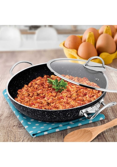 Lines Siyah Menemen Tavası - Granit Cam Kapaklı Sahan 24 Cm