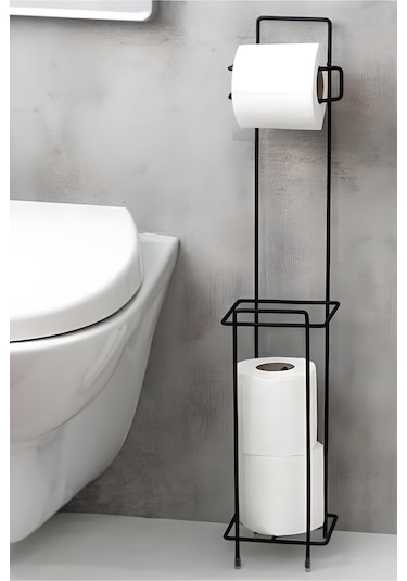 Siyah Ayaklı WC Kare Tuvalet Kağıtlığı, Yedek Rulo Hazneli, Paslanmaya Dayanıklı WC Kağıtlık, 13cm x 65cm