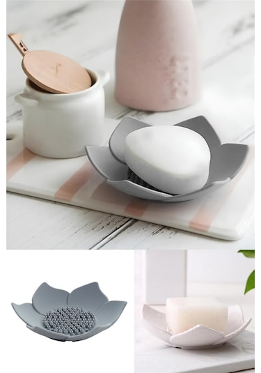 2 Adet Lotus Desenli Sabun Ve Sünger Tutacağı Silikon Gri Su Giderli Lotus Şık Katı Sabunk Diğer