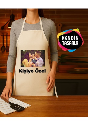 Kişiye Özel Fotoğraflı , Logo, Yazılı Mutfak Önlüğü Krem