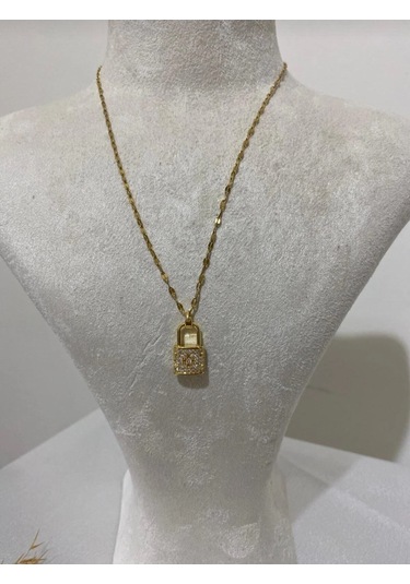 Gold Renk Taş Detaylı Kilit Model Kolye Altın