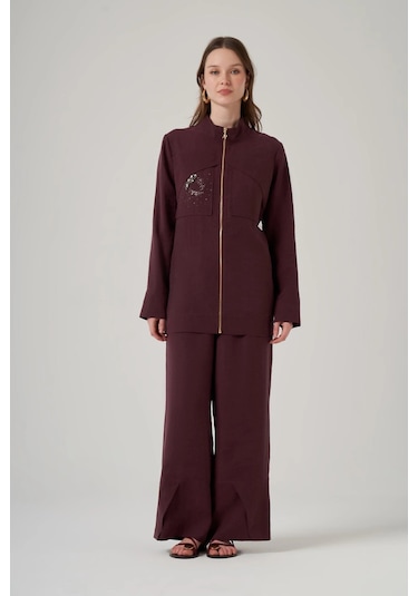 Nuss 1054 Cep Taş İşlemeli Pantolonlu Takım - Mürdüm Mürdüm