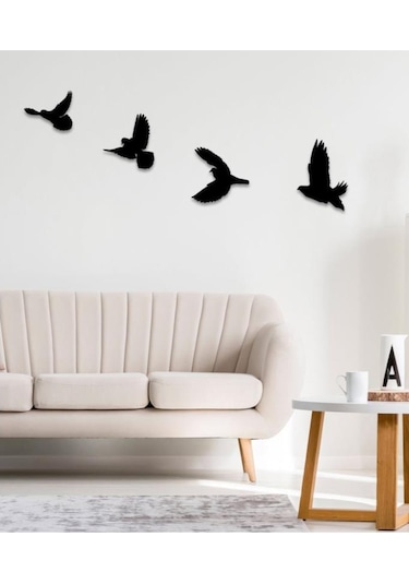 Hellove Dekoratif Ahşap Modern Dörtlü Kuş Duvar Süsü Duvar Dekoru