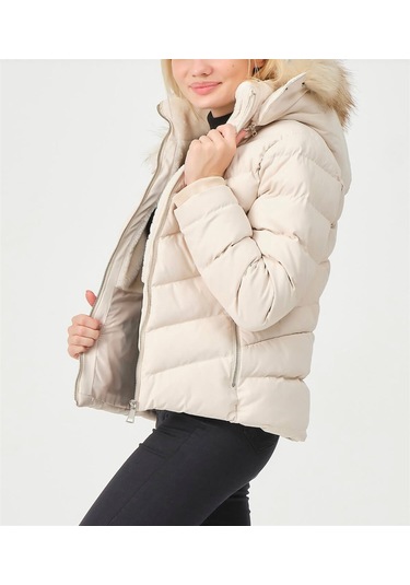 Kadın Bej Çıkarılabilir Kürklü Kapüşonlu Su Geçirmez İçi Kürklü A