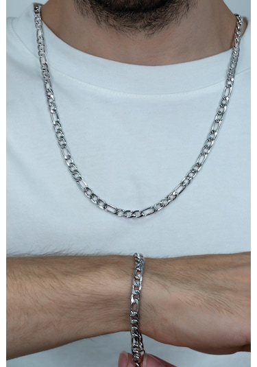 Figaro Erkek Çelik Kolye Bileklik Zincir Set Seçenekli Ack06T Beyaz