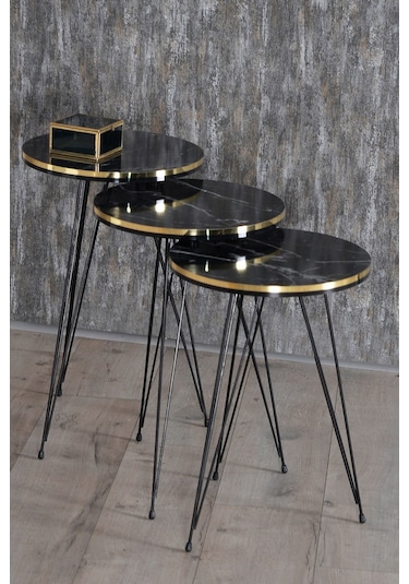 Zigon Sehpa Ve Orta Sehpa Kr Set Siyah Tel Ayak Çift Altın Bendir