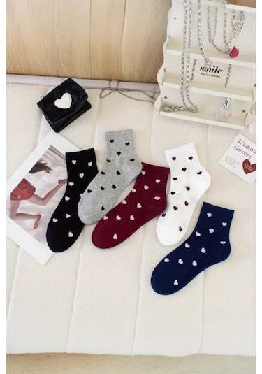 Kadın 5 Çift Premium Kalite Minimal Kalp Desenli Kısa Kolej Çorap Çok Renkli Çok Renkli