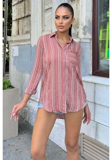 Kadın Gül Kurusu Çizgili Desenli, Uzun Kollu, Rahat Kesim, Dokulu Kumaş Gömlek GÜL KURUSU