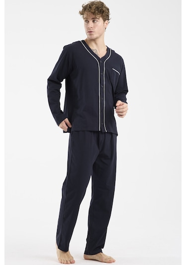 V Yaka Düğmeli Pijama Takım - Lacivert Lacivert