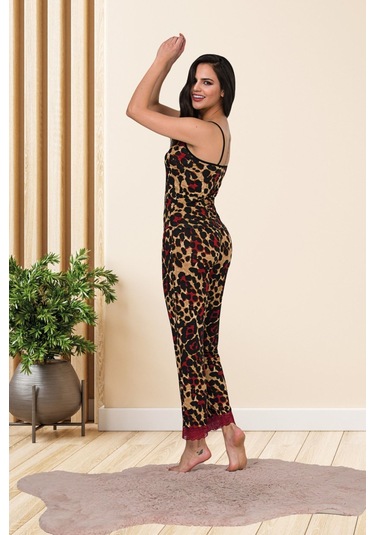 Leopar Desenli Pamuklu Likralı Kahverengi Askılı Bordo Dantel Detaylı Pijama Takımı 28449 Kahverengi