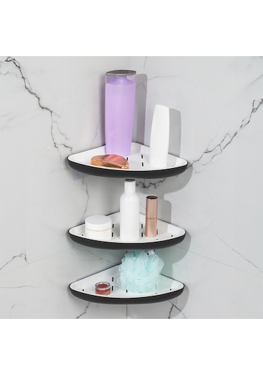 Porsima 0447 3'lü İstiridye Banyo Köşe Rafı Yapışkanlı Raf Siyah