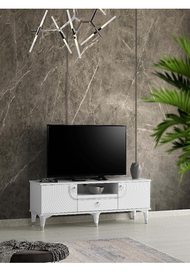 130 CM ART MDF MEBRAN KAPAK TV SEHPASI BEYAZ - GÜMÜŞ