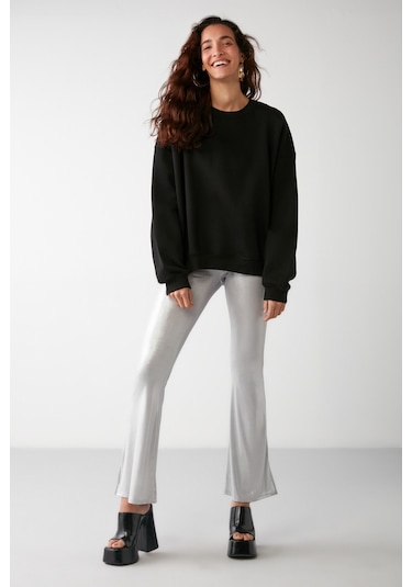 Grimelange Vaneltına İçi Polarlı 3 İplik Organik Pamuk Oversize Basic Bisiklet Yaka Kadın Sweatshirt - Siyah