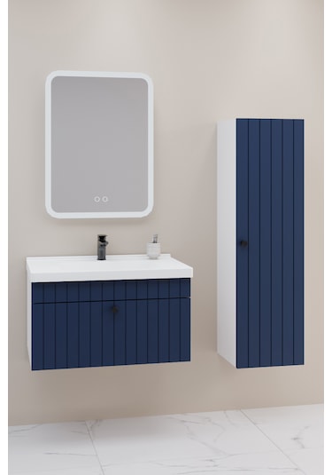 Alice 80 Cm Banyo Dolabı Cmr Led Aynalı Lacivert- Boy Dolap Dahil Lacivert