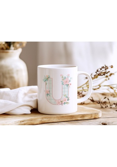 U Harfli Çiçek Desenli Kupa Bardak - Ekose Desenli Yeşil Pembe Desenli Tasarım - Kişiye Özel Hediye Beyaz