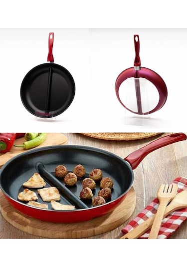 Bayev 30 Cm Çift Bölmeli Tava 2 Farklı Malzeme Tek Tava Kahvaltı Ve Köfte Tavası Cingöz