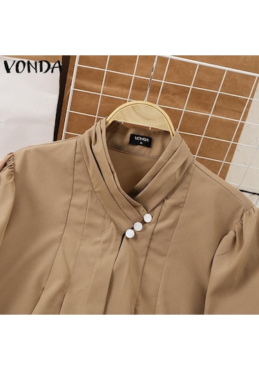 Vonda Kadın Zarif İnci Yakalı Düz Renk Çizgili Uzun Kollu Pileli Bluzlar Beyaz