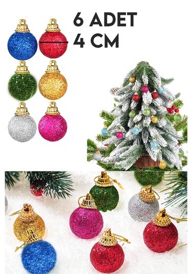 Renkli Parlak Desenli 6lı Yılbaşı Top Süs 4cm Çam Ağacı Süsleri
