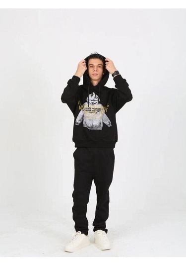Erkek Çocuk Kapüşonlu Not Hoodies Yazılı Sweatshirt-15230 Siyah