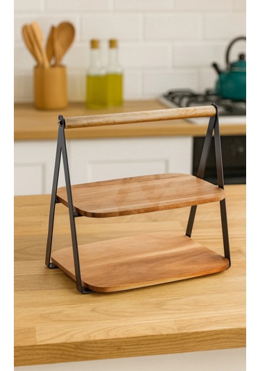 Akasya 2 Katlı Metal Raf Mutfak Banyo Düzenleyici Saplı Dekoratif Raf -
