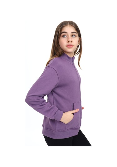 Toontoy Kız Çocuk Mavi Dik Yaka Fermuarlı Cepli Düşük Omuz Nakış Baskılı Örme Hırka - 2 İplik Şardonlu Mor