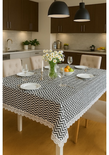 Lüks Modern Masa Örtüsü -leke Tutmaz Su Geçirmez Dantel Detaylı Detaylı Masa Örtüsü Beyaz