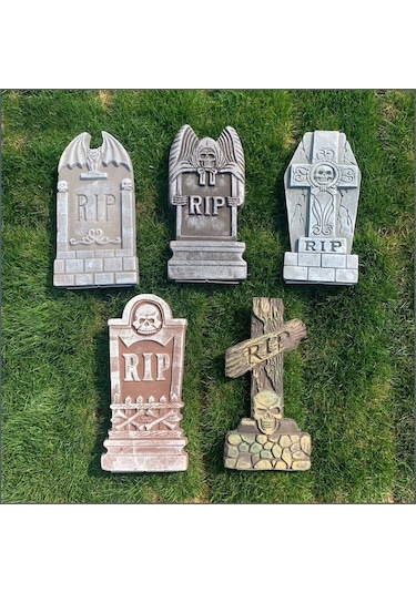 Korkunç Halloween Dekorasyonu: 5 Parça Köpük Mezar Taşı Seti Haç, Kırmızı Kafa, Yarasa, Ölüm, Ağaç Desenli 42x18x5 Cm - Bahçe Ve Parti Düzeni İçin