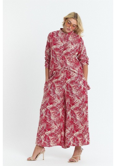 Schık Kadın Viskon Rahat Bol Paça Truvakar Kol Önü Düğme Baskılı Takım Kırmızı