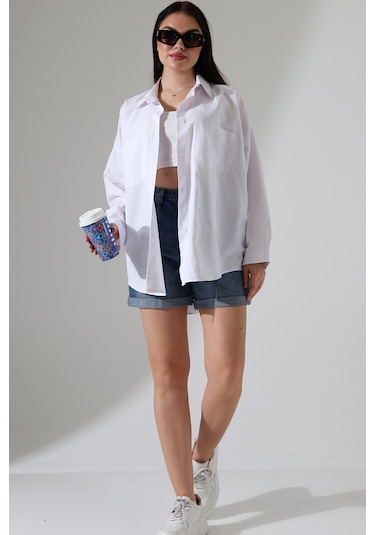Gömlekçiniz Oversize Poplin Kumaş Çift Cepli Kadın Tunik Gömlek