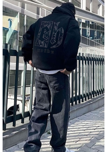Altamira Erkek Siyah Eh Sırt Baskılı Oversize Kapşonlu Sweatshirt 001