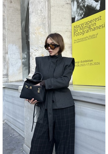 Antrasit Vatkalı Kuşaklı Kaşe Ceket - 1001 Antrasit