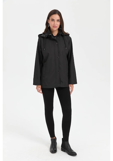 Desen Triko Kadın Kapüşonlu Yan Cepli Kısa Trençkot 24417 Siyah Siyah
