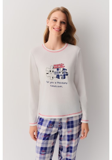 Suwen Friends Pijama Takımı Sh26234660375 Mavi Ekoseli