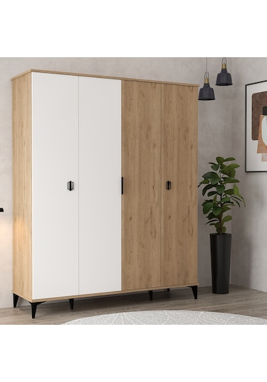 6403 Neva 4 Kapılı 200 Cm Gizli Çekmeceli Gardırop , Elbise Dolabı , Genç Odası Beyaz - Sepet