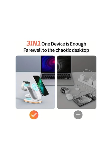 Topshop1 Beyaz Qi2 Manyetik Kablosuz Sarj Cihazi 3u 1 Arada Kuğu Tasarimli İphone Uyumlu 16 15 14 13 12 Watch Airpods Pro 4 3 2 Icin 18w Renkli Led