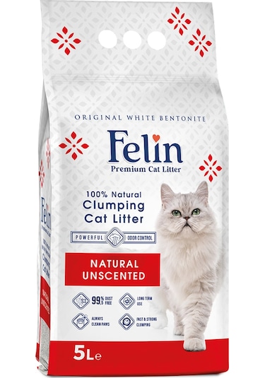 Felin Natural Parfümsüz İnce Taneli Topaklaşan Bentonit Kedi Kumu 5 L