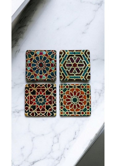 Doğal Taş Bardak Altlığı Geometrik Desenler- Selçuklu Desenleri 4'lü Set 10x10x1 Cm Stone Coasters Çok Renkli