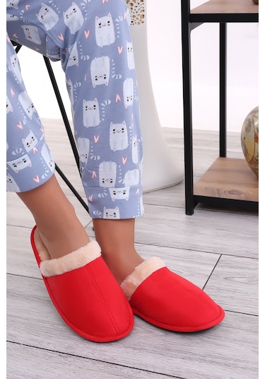 Wordex U050 Unisex Kışlık Ev İçi Terliği Kürklü Yünlü Terlik Kırmızı