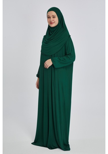 Pratik Başörtülü Rahat Giyilebilen Organik Tek Parça Namaz Elbisesi Zümrüt Zümrüt Yeşili