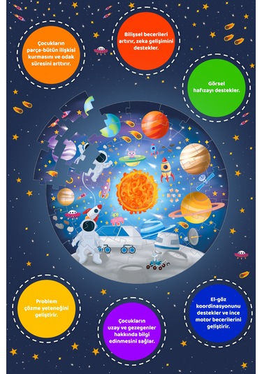 Mert Bebek Uzay Temalı 49 Parça Yuvarlak Çocuk Puzzle 3+ Yaş Eğitici Büyük Boy Puzzle 48 Cm Astronot