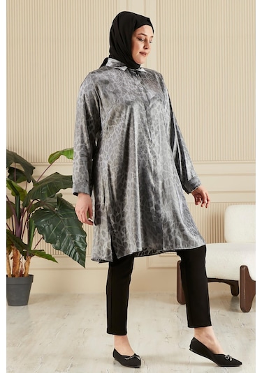 Kadın Tesettür Büyük Beden Leopar Desenli Uzun Gömlek Tunik 001