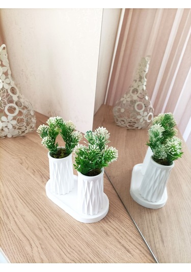 Mini Desenli İkili Beton Saksı Ve Oval Tabak - Yapay Çiçek Hediyeli - Beyaz Tomurcuk