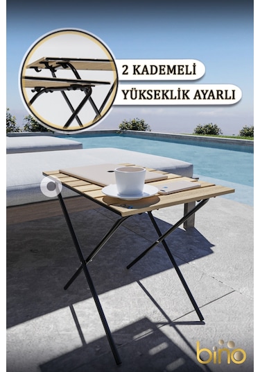 Bino Yükseklik Ayarlı Katlanır Ahşap Kamp Mutfak Piknik Balkon Masası